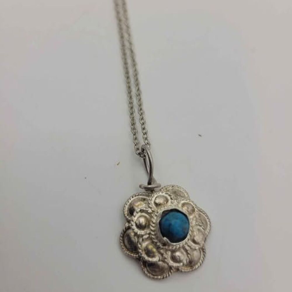 Repoussé Sterling Silver Flower Pendant Necklace with Raw Turquoise